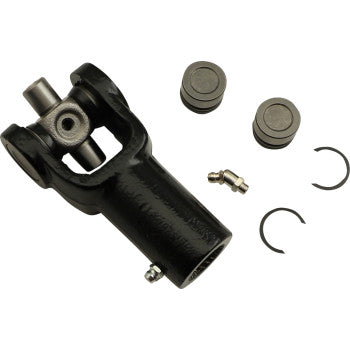 The Yoke Propeller Shaft With U Joint by Epi, made from SCR440 steel, includes two round caps, a grease fitting, and two snap rings to meet OEM specs—all shown on a white background.