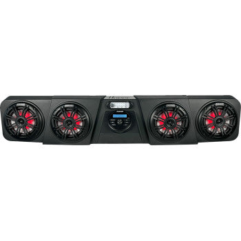 The Honda Pioneer Audio Shade RGB by Hoppe Industries features a black soundbar with four round speakers with red accents, a central control panel with digital display, and Bluetooth marine speakers for wireless connectivity.