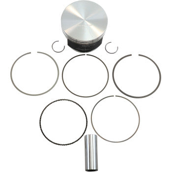 The Yamaha Piston Kit 92.00 mm by Wiseco includes a silver piston, four piston rings, two circlips, a piston pin, and an oil ring—all made in the USA and displayed on a white background.