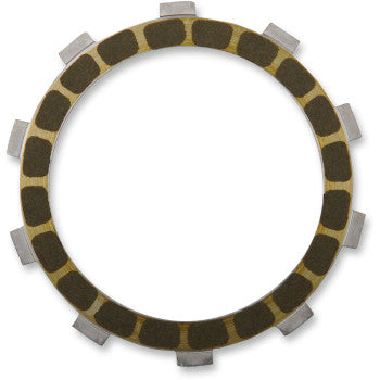 The Clutch Friction Plate by Barnett features a round, gold-toned base with alternating dark aramid friction pads on the inner edge and evenly spaced rectangular metal tabs on the outer edge for heavy-duty performance.
