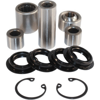 The A-Arm Repair Kit Front Upper Lower by Epi includes assorted metal bushings, bearings, cylindrical parts, four black rubber seals, and two metal snap rings, all displayed on a white background.