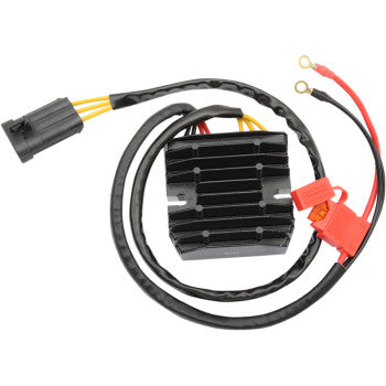 Black finned rectangular Polaris regulator/rectifier with attached black cable and red and yellow wire connectors.
