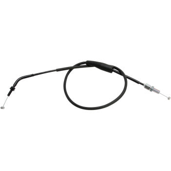 The Kawasaki Black Vinyl Throttle Cable by Moose Offroad features a black PVC outer jacket, metal end fittings, flexible curved design, adjustable threaded section, and a pre-lubricated nylon inner sleeve for smooth operation.