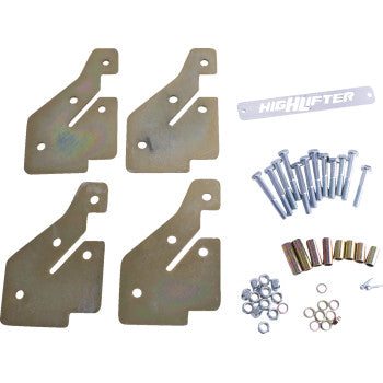 Metal mounting brackets, bolts, nuts, washers, spacers, and a rectangular plate with HighLifter text—components of the Lift Kit Lifts 2.50 by High Lifter—are neatly arranged on a white background.