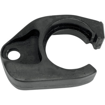 The Yamaha YFZ Front Chain Slider Black by Moose Offroad is a U-shaped plastic clamp with a rounded base, an open slot on one side, and a hole on the flat edge for easy installation. Made in the U.S.A.