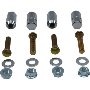 Four Polaris RZR Ranger Wheel Stud & Nut Kit Front sets by Moose Offroad, each with wheel studs, a washer, nut, and wheel lock, are neatly arranged in rows on a plain white background.