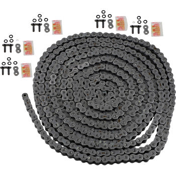 The 525 MAX X Bulk Chain 25 Feet by RK, featuring high tensile strength and durability, includes connecting links, O-rings, and grease packets—all neatly arranged on a white background.