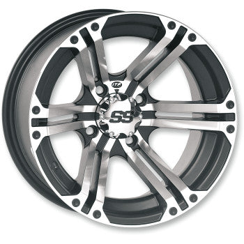 A sleek black and machined silver Itp Wheel SS212 Rear 14x8 4-137 5+3 features a bold multi-spoke design with SS lettering at the center, offering a high-performance look and custom wheel cap.