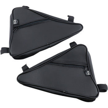 Two black, triangular Door Bag Black by Bs Sand bicycle frame bags with zippered storage, small pull tabs, and a white logo in one corner.