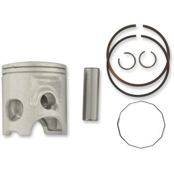 The Yamaha RD350 RD350 LC Banshee 350 Piston Kit 64.50 mm by Prox is shown on a white background, including a low friction alloy piston, piston rings, cylindrical pin, two clips, and a thin wire ring.