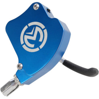 The ATV Thumb Throttle Blue by Moose Offroad is a blue anodized billet aluminum device with a black lever, silver connector, and circular stylized M logo—perfect for thumb throttle cables or 44 mm carburetors.