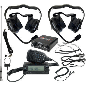 The Intercom Radio and Headset Kit 2 Seat Black by Navatlas includes a noise-cancelling headset, two headsets, a handheld microphone, control unit, cables, antenna, and other radio communication accessories arranged neatly.