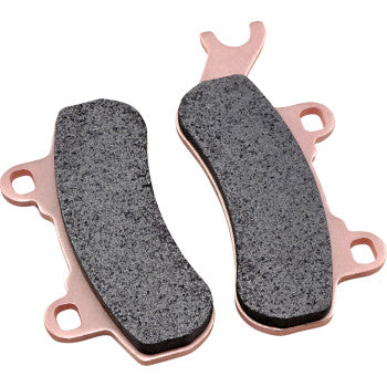 Pair of curved, gray brake pads with copper-colored metal backing and attachment tabs.