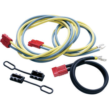 ATV Winch Wiring by Warn features red connectors, yellow and gray wires, black looped covers, and metal terminals—perfect as a 50A kit or battery lead—all arranged on a white background.