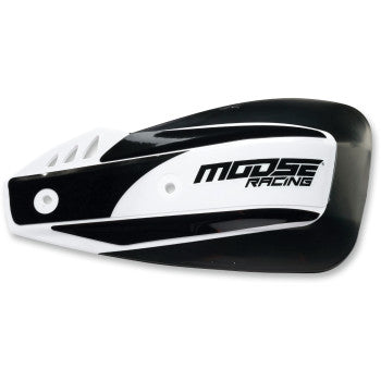 The Rebound Hand Guards White by Moose Offroad feature a black and white plastic design with the Moose Racing logo on the right side and sturdy billet aluminum mounts securing them to your motorcycles hand controls.