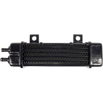 The Universal Oil Cooler - 6-Row - Gloss Black by Jagg Oil Coolers features two left-side inlet/outlet pipes, top mounting brackets, and horizontal cooling fins across its rectangular surface for efficient heat dissipation.
