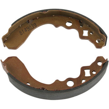 Two brown Kawasaki Mule Brake Shoes 9202 by DP Brakes, made of sintered metal with black edges, multiple holes and notches, arranged in a near-complete circle on a white background for durable, fade-free performance.
