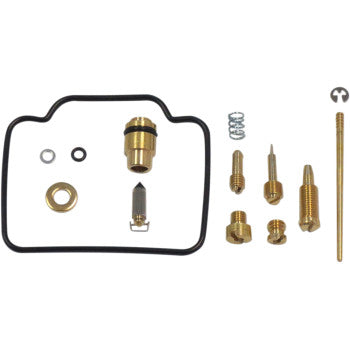 The Polaris Carburetor Repair Kit by Shindy includes float valves, a black gasket, brass jets, jet needle sets, small screws, a spring, and washers, all neatly arranged on a white background.