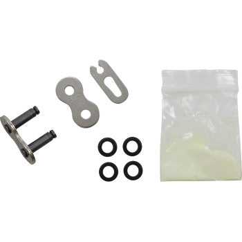 The X1R3 520 Nickel Clip Connecting Link by JT Chains includes metal link parts, four black O-rings, and a grease packet, all on a white background—perfect for hassle-free chain replacement.