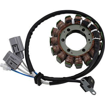 Circular motorcycle stator coil with copper wire windings, black insulated wiring, and gray electrical connectors.