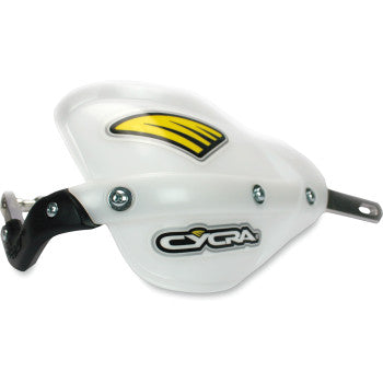 The Probend™ Alloy Bar Pack Natural by Cycra is a white plastic handguard with a yellow graphic, black accents, Cycra logo, and metal hardware, designed for motorcycle or dirt bike handlebars with Probend bars and enduro shields compatibility.