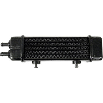 The Universal Oil Cooler - 6-Row - Gloss Black by Jagg Oil Coolers is a black, rectangular unit featuring horizontal cooling fins, dual inlet/outlet pipes on one side, and mounting bolts underneath.