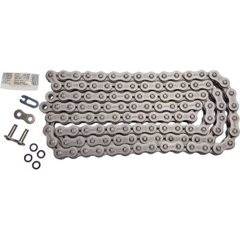 The 520 SRX2 Drive Chain 116 Links by Ek is displayed on a white surface with an OEM clip-type master link, two bolts, four rubber O-rings, and a small packet of lubricant or instructions.