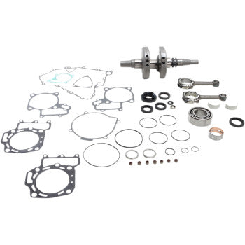 Kawasaki OE Crankshaft Replacement Kit by Hot Rods parts organized on a white surface, including gaskets, seals, bearings, piston rings, and crankshaft—all components clearly displayed.