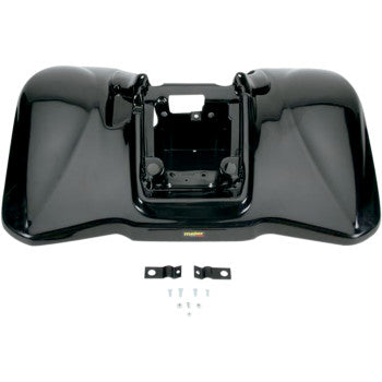 Glossy black Rear Fender by Maier, high-density polyethylene and OEM color matched, shown with metal mounting brackets and screws laid out underneath for installation.