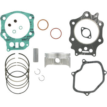 Silver metal piston with groove, green and black rubber gaskets, copper-colored rings, and black piston rings arranged.
