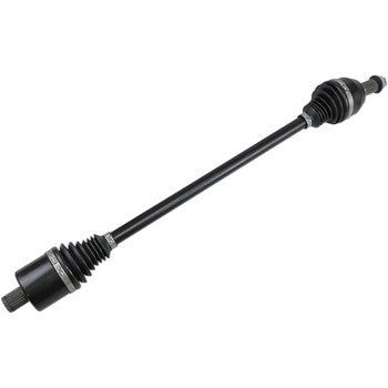 Black heavy-duty Polaris RZR long travel rear axle shaft with ribbed rubber boots on both ends.