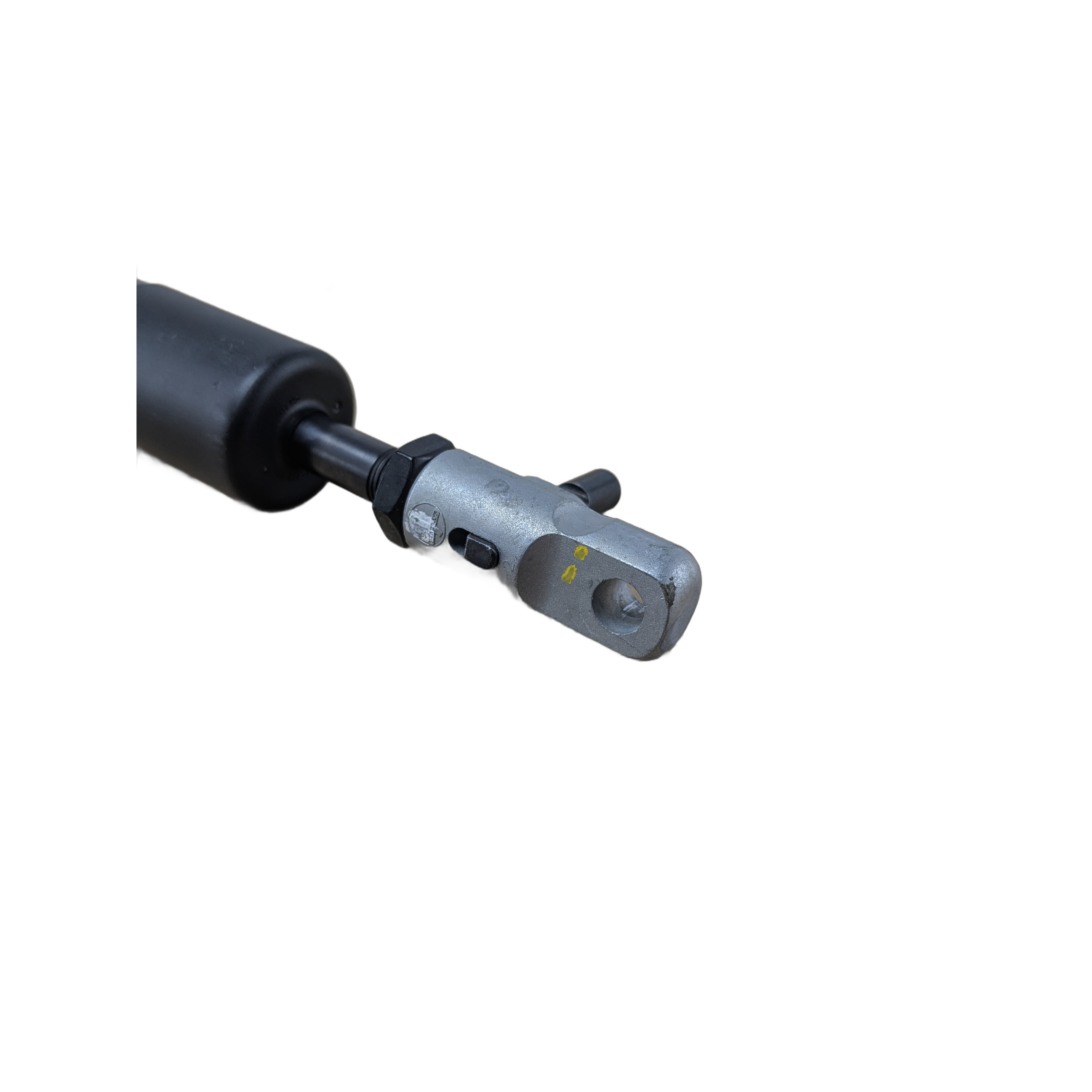 A close-up of a metal mechanical component with a black cylindrical handle, bolts, and a pivoting part with a yellow dot, shown on a plain white background—an essential detail for the Spring, Damper by Yamaha.