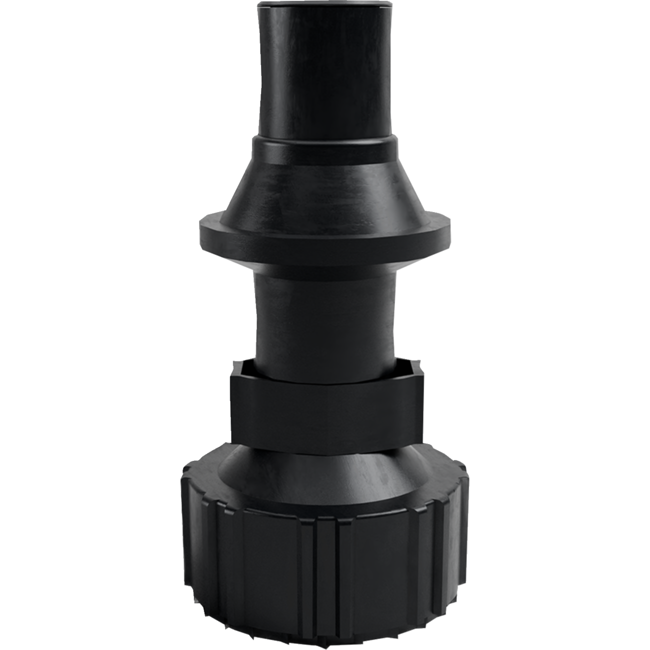 Black plastic replacement ripper cap with threaded base and tapered spout for 2.7 US Gal Tuff Jug container.