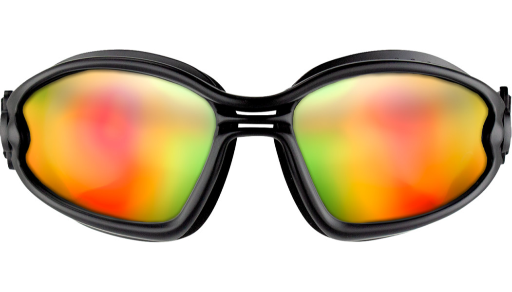 Black frame motorcycle goggles with crimson, red, and yellow mirrored lenses and a sleek wraparound design.