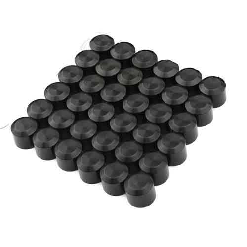 A set of 25 black Engine Kit Kool Kaps Bolt Covers for Indian motorcycles by Kuryakyn, cylindrical and smooth, are arranged in a neat square grid on a white background.