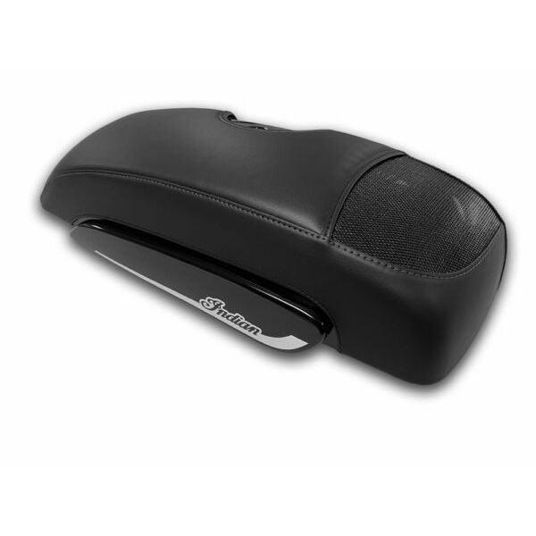 Black leather Indian Motorcycle saddlebag audio lid cover with smooth and textured panels, ShoreFire Blaster Flat Top style.