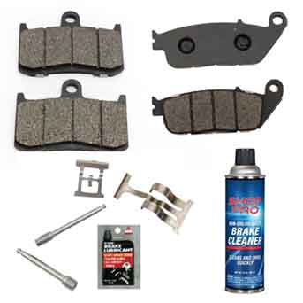 The Semi-Metallic Brake Pad Kit for Victory Motorcycles 2008-2017 by Witchdoctors includes four semi-sintered brake pads, metal hardware, lubricant packet, and a can of brake cleaner. Available at Witchdoctors.com.