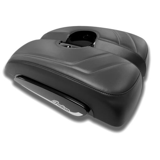 Black leather Indian Motorcycle saddlebag lid cover with sleek padded detailing and ShoreFire logo on side panel.