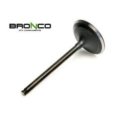 The Suzuki Quadracer Exhaust Valve by Bronco, a metallic valve with a flat round head and long stem, is shown against a white background with the BRONCO ATV COMPONENTS logo in the upper left corner.
