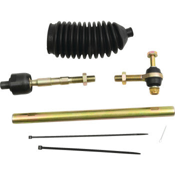 The Tie Rod End Kit Left Hand by Moose Offroad includes heavy-duty tie-rod ends, a black rubber boot, metal rods, a ball joint, tube, two black zip ties, and a small pin—all displayed on a white background.