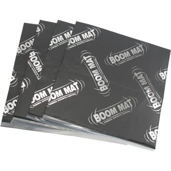 Four Boom Mat™ 12 x 12.5 sheets by DEI, shown overlapping with repeated white logos, provide noise damping and insulation to boost stereo performance—even in extreme temperatures.