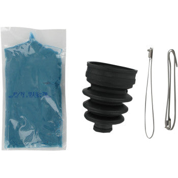 The Honda - Suzuki CV Boot Kit Front & Rear Inboard by Epi includes a black rubber CV boot, two metal clamps, and molybdenum disulfide grease packet, all arranged on a white background.