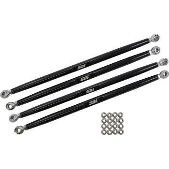 Four Polaris RZR Turbo S Radius Rods by SDI, featuring black bodies and silver ends, are placed side by side. Sixteen small silver washers below serve as misalignment bushings for heavy-duty applications.