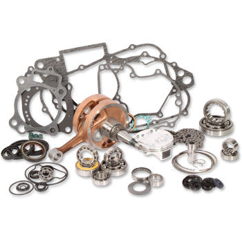 The Yamaha YFZ Engine Rebuild Kit by Vertex features a crankshaft, piston kit, gaskets, bearings, gears, and seals, all displayed neatly on a white background.