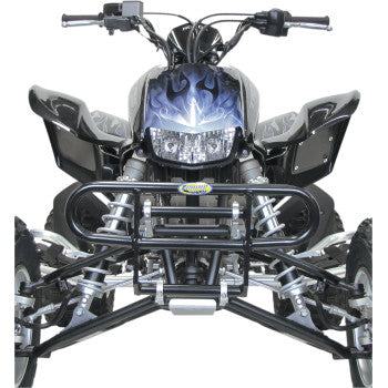 Front view of a black EZ Fit Bumper TT Short Track by Motorsport Products, featuring a protective grill, visible suspension, handlebars, and graphic flame design above the headlights—fits many popular ATV models.