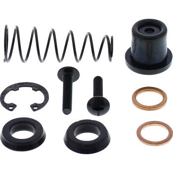 The All Balls Brake Master Cylinder Rebuild Kit Front includes copper washers, a metal spring, bolts, EPDM rubber seals, rings, a black cylindrical cap, and circular copper seals—displayed on a white background.