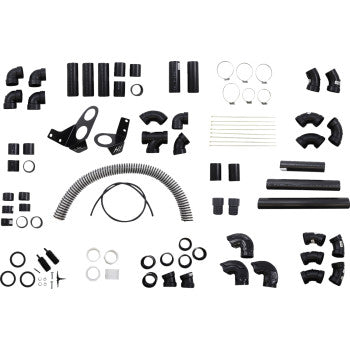 The Yamaha ATV Snorkel Kit by High Lifter, featuring black ABS pipes, fittings, hoses, clamps, metal rods, and air intake accessories, is neatly arranged on a white background in an organized grid pattern.