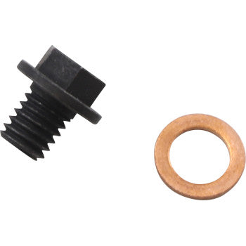 The Front Differential Drain Plug by Quad Logic, a black metal hex plug with magnetic technology and threaded end, is shown beside a round copper washer on a plain white background.
