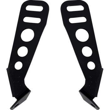 Two black powder-coated Polaris Light Bar Brackets by Rivco Products, each featuring three circular holes and three rectangular slots, are symmetrically positioned facing each other on a white background for easy installation.