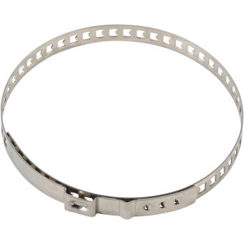 Silver metal adjustable clamp band with perforated holes and locking mechanism.